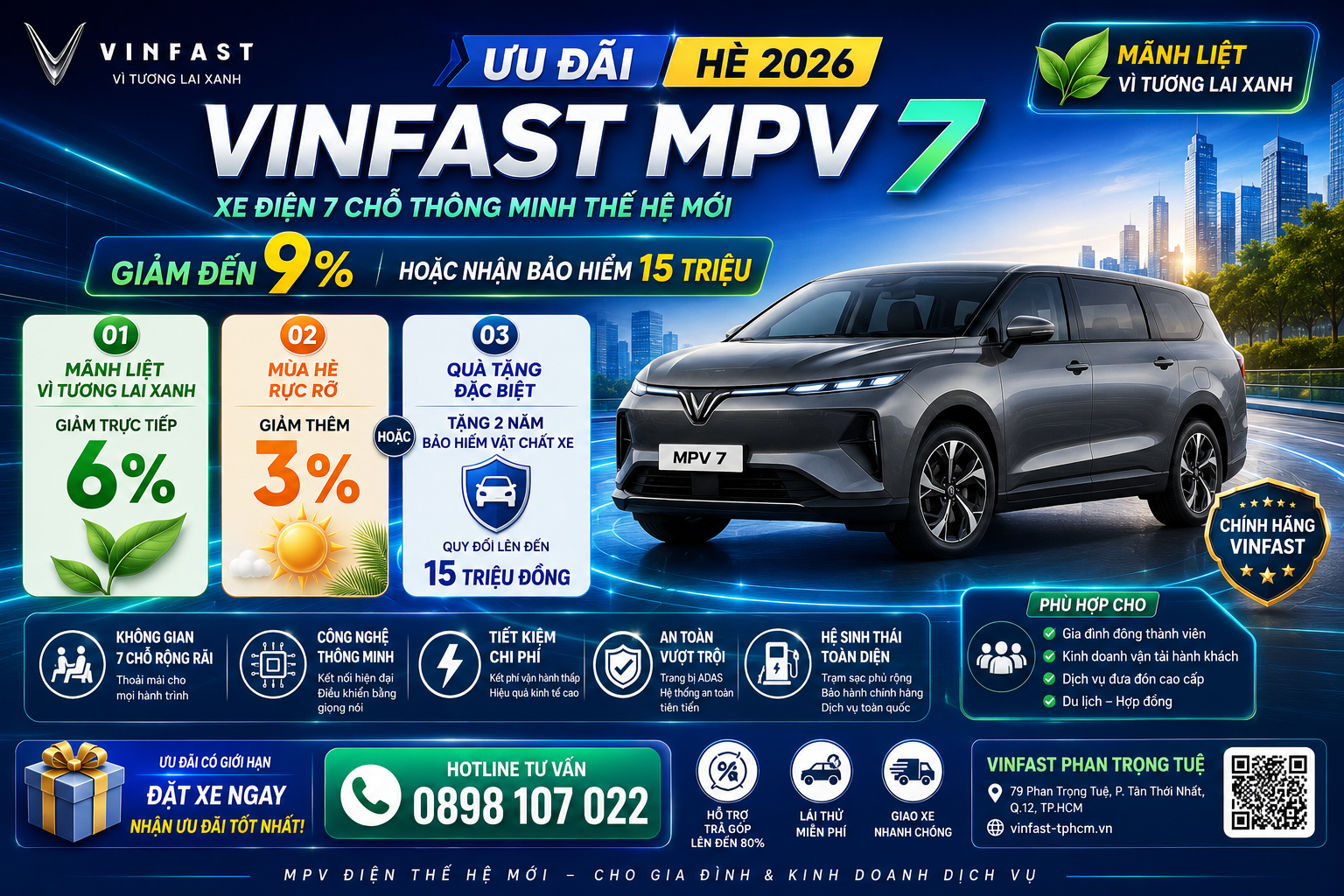 Ưu Đãi VinFast MPV 7 Hè 2026 | Giảm 9% Hoặc Tặng Bảo Hiểm 15 Triệu Đồng