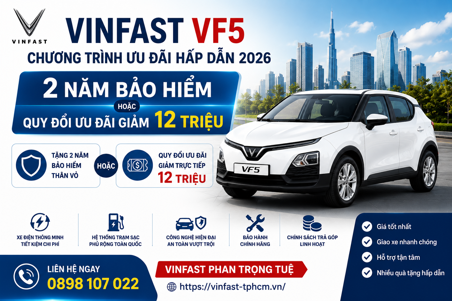 VinFast VF5 Chương Trình 2 Năm Bảo Hiểm Hoặc Quy Đổi Ưu Đãi Giảm 12 Triệu